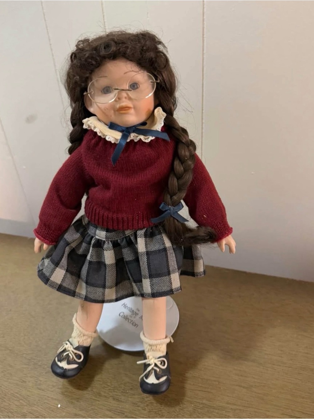 Vintage Burgundy Sweater Porcelain Doll with Plaid Skirt